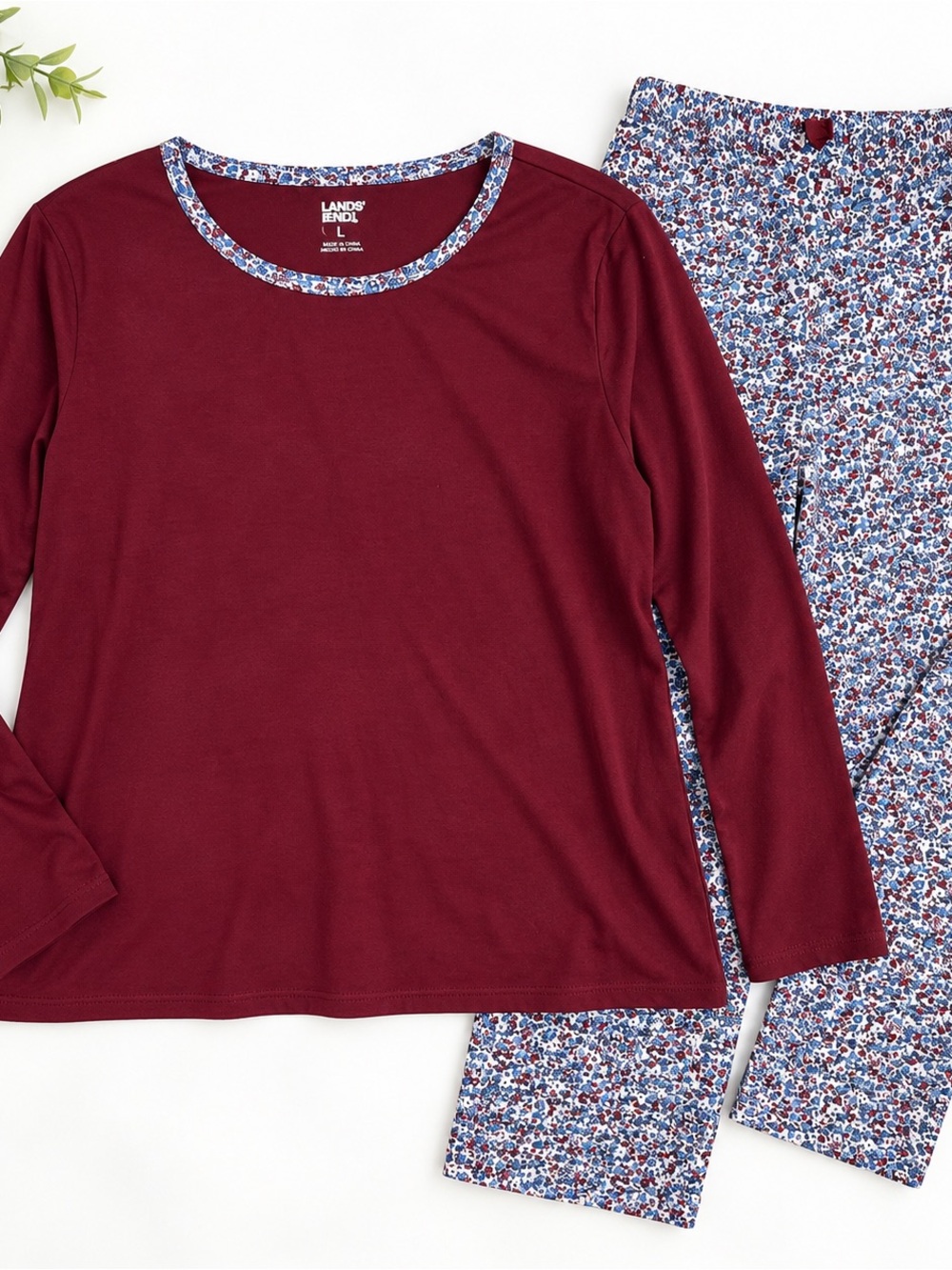 Lands’ End Burgundy Floral Pajama Set Long Sleeve Top & Pants Large